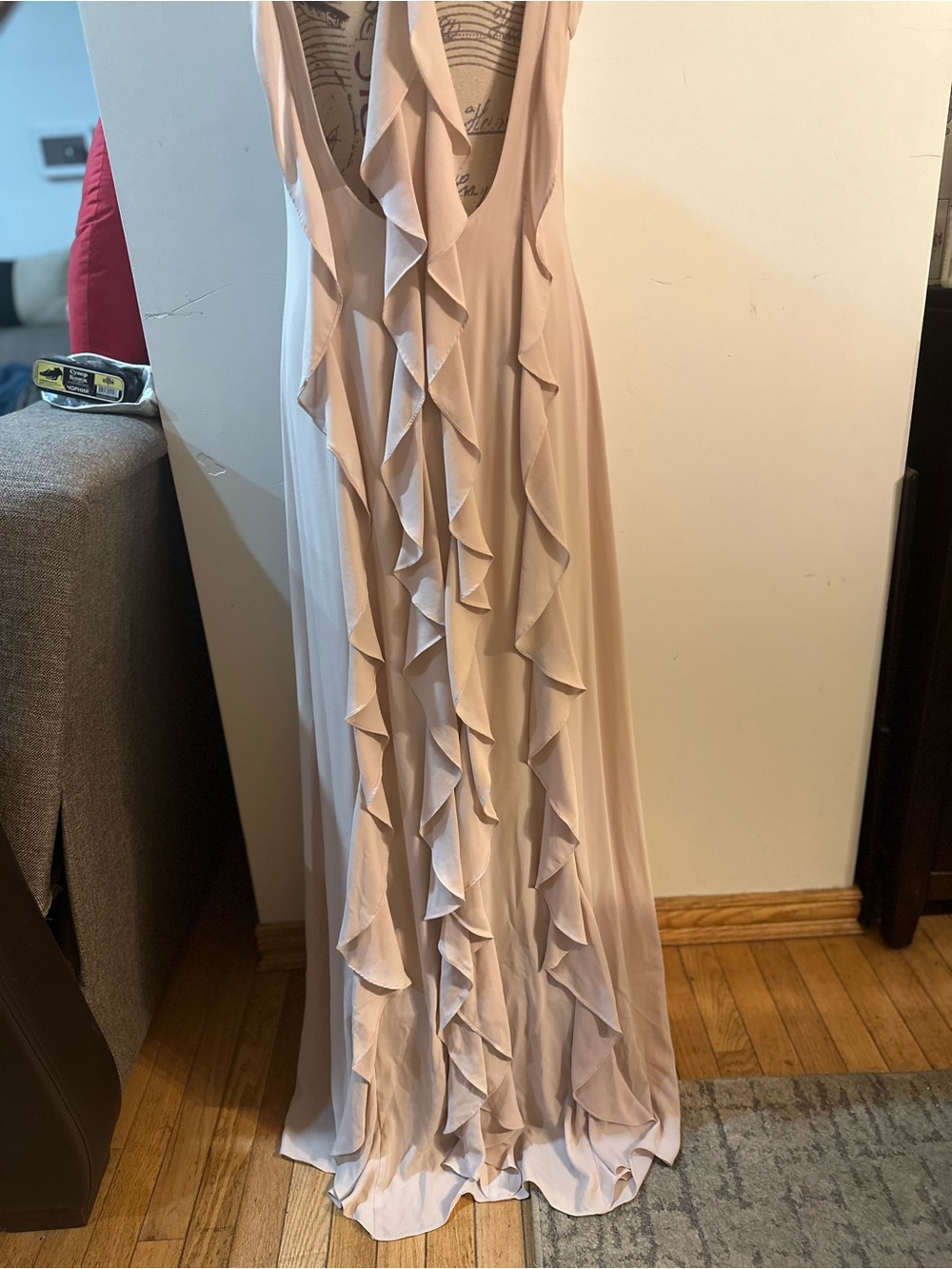 BCBGMaxAzria Blush Pink Ruffle Front Halter Evening Dress